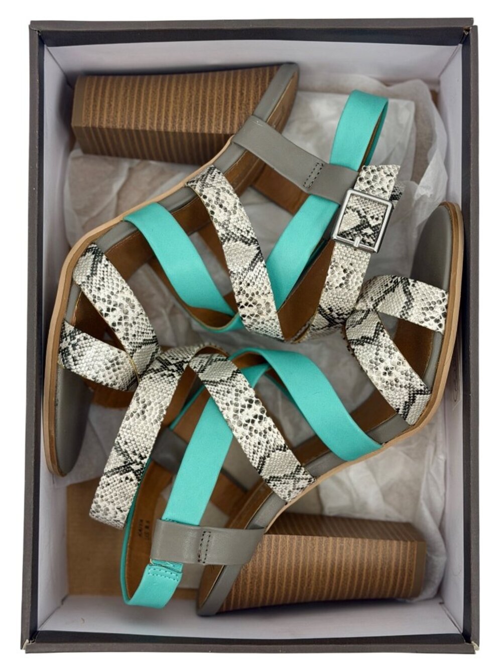 Leila Stone Seafoam Green Snake Print Strappy Heeled Sandals 9.5 | Indie Sleaze - Picture 15 of 16
